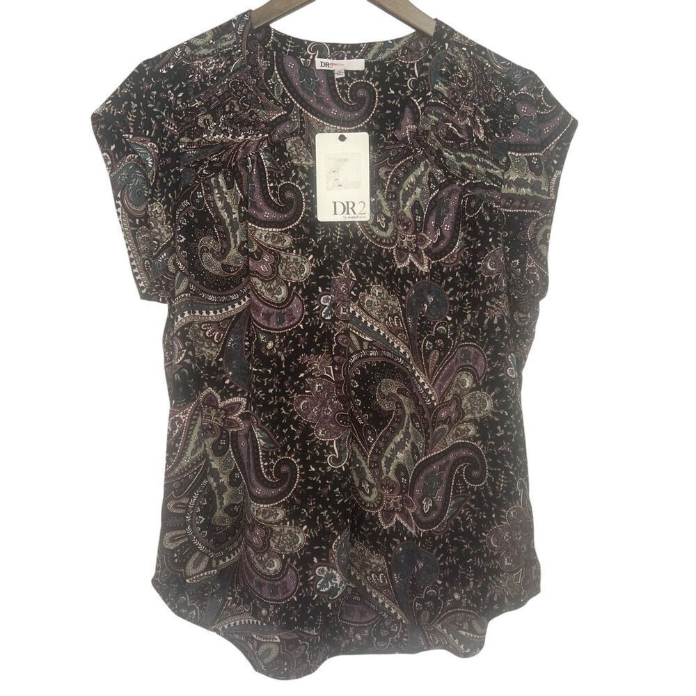 NWT DR2 Daniel Rainn Paisley Blouse size PXL Purple Black Cap Sleeve V-Neck Top